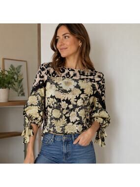Rebecca Taylor SZ 2 100% Silk Printed Blouse-Floral + Animal Print-Tie Sleeve